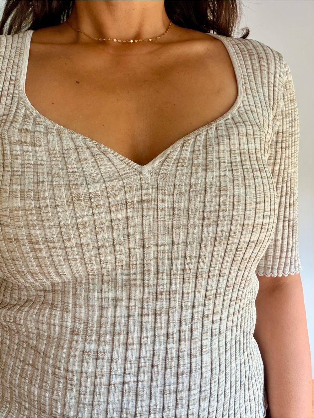Veronica Beard Lipa Ribbed Taupe-Cream Scoop Neck Knit Top